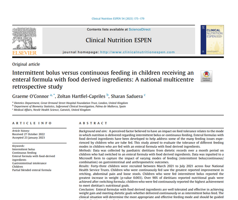 Intermittent bolus versus continuous feeding in children receiving an enteral formula with food derived ingredients